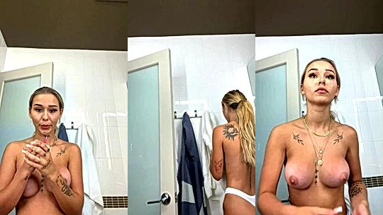 Babybellllzzzz teasing her naked perky tits in the bathroom