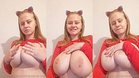 PolaRainbow playing with her naked big tits in her red dress