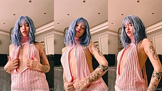 Mia Yokai teasing her naked body in sexy sweater
