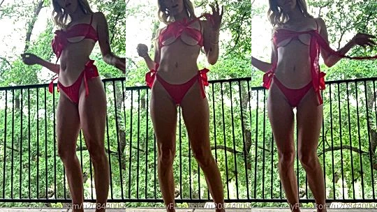 Angel Youngs teasing her red lingerie on the balcony