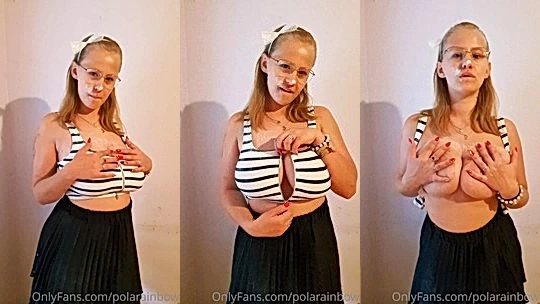 PolaRainbow teasing her naked big tits in short skirt