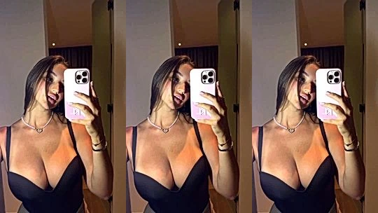 Mary Nabokova teasing her big tits wearing black lingerie in the mirror