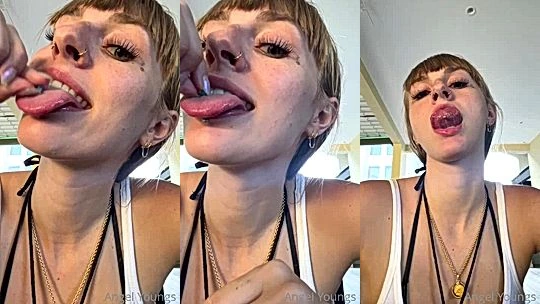 Angel Youngs teasing her tongue and saliva play