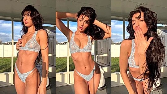 Queenpussybossv showing off her blue see-through lingerie in the backyard