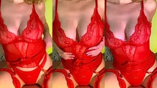Eklektyzm playing with her big tits in red bra