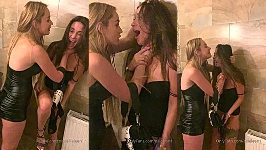 Ellie Leen group of lesbian sluts naughty play in the public bathroom