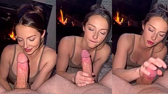 Skylar blue sucking on a big cock by the fire place