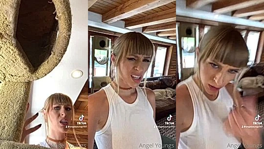 Angel Youngs bouncing her big tits up and down in white top
