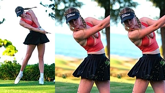 Grace Charis teasing her perky tits and short skirt on the course