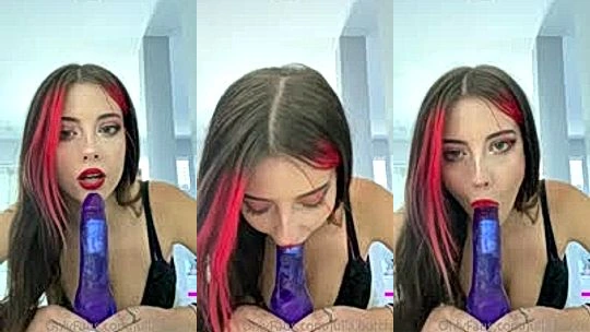 Burch twins sucking on a purple dildo