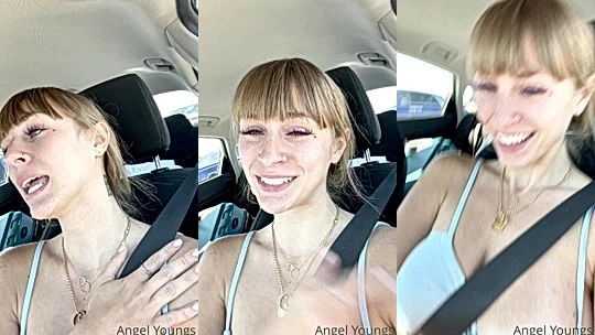 Angel Youngs flashing her big tits in a moving car
