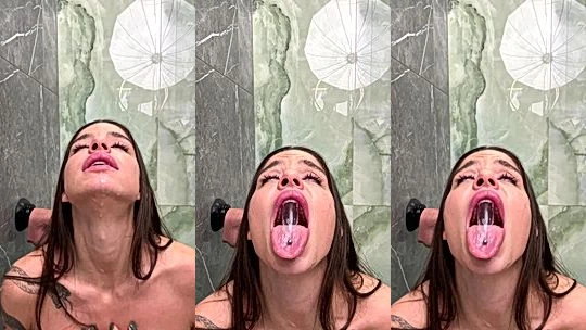 Sonya Jess saliva play on a wall dildo