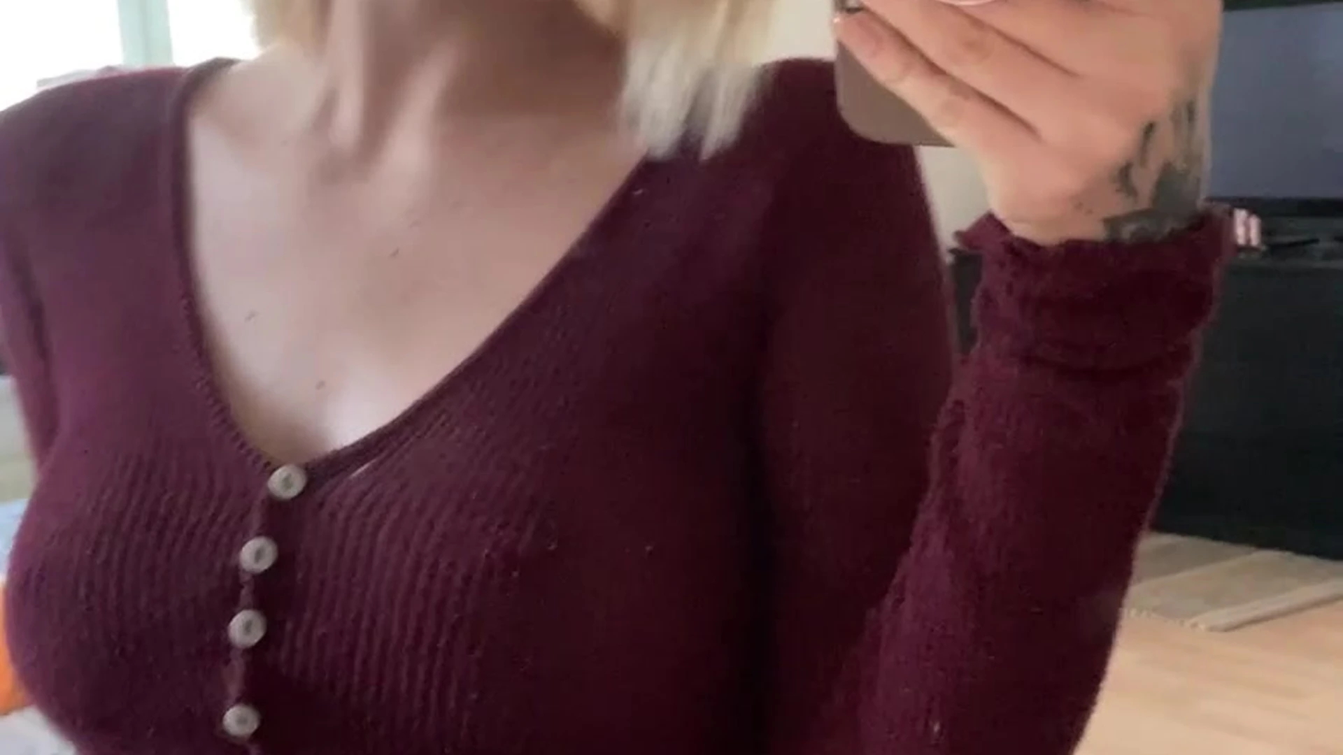 Sweet Aliceee teasing her perky nipples in her red sweater