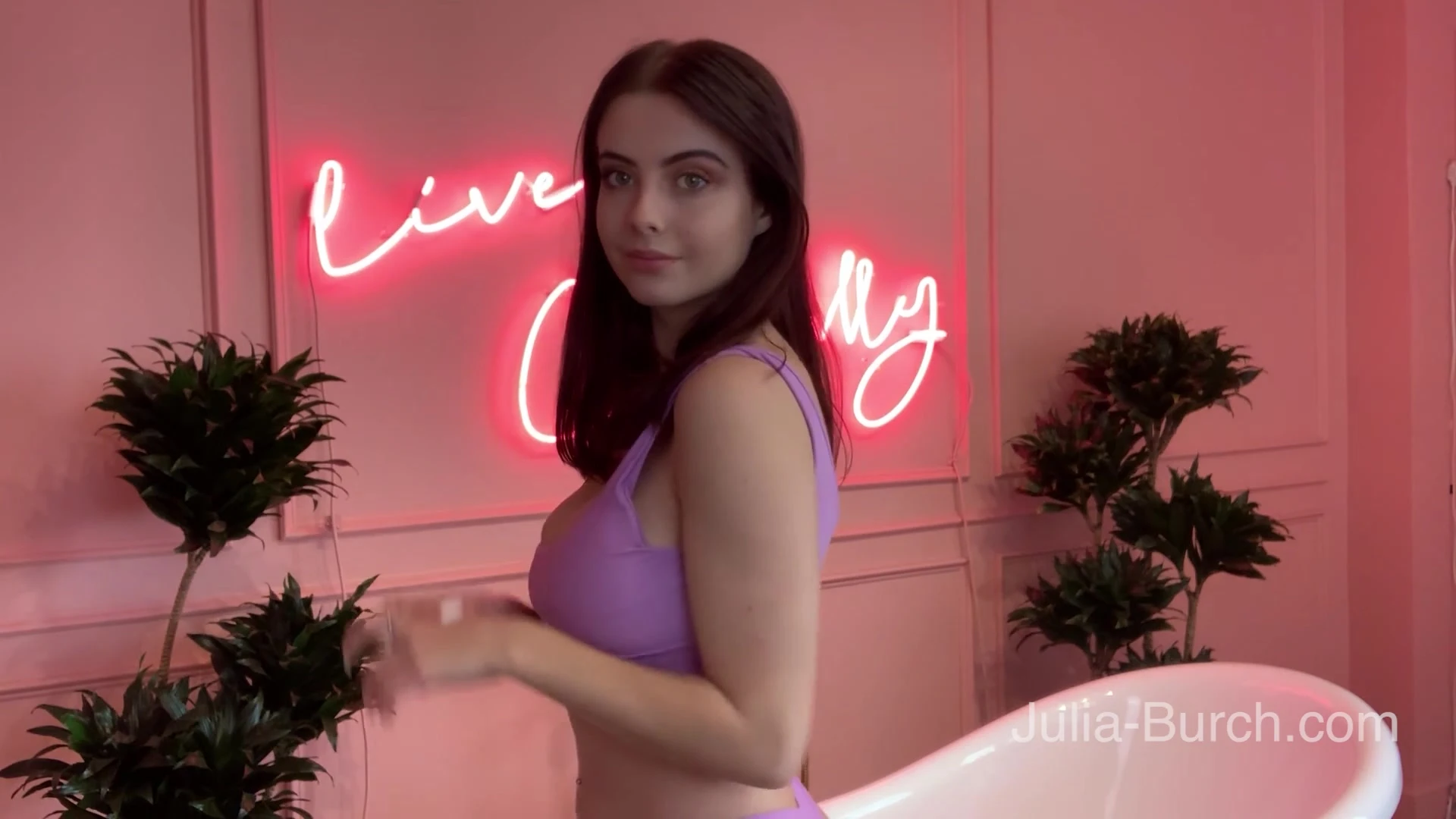 Burch twins showing off her sexy tits in purple lingerie