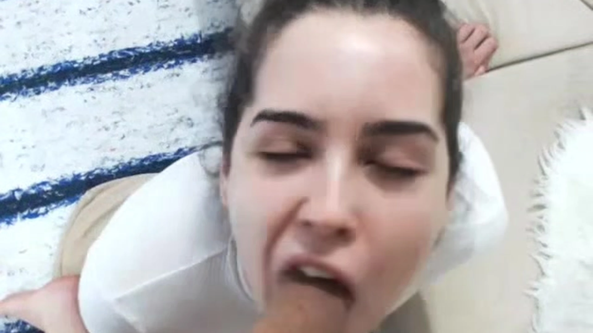 Patricia Lopez on her knees sucking on her boyfriends big cock
