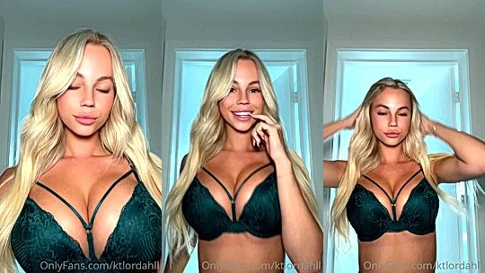 Kt Lordahl playing with her big tits in green lingerie