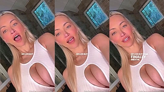 Lindsey Pelas shwing off her big tits in white low-cut top
