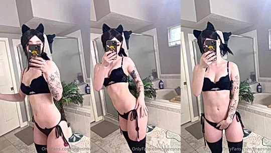 Sneesnaw teasing her sexy black lingerie in the mirror