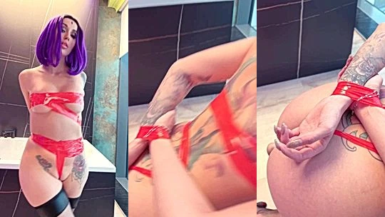 Lera Himera teasing her sexy body in red tape lingerie