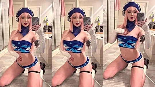 Sneesnaw playing with her tits in cosplay gear