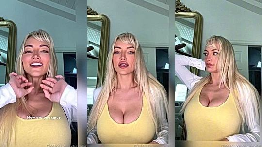 Lindsey Pelas showing off her big tits in yellow dress
