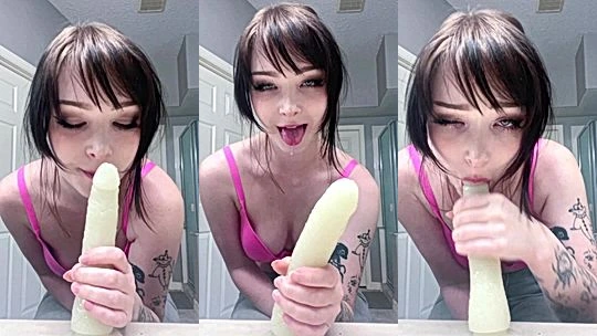 Sneesnaw deepthoat sucking a sloppy big white dildo