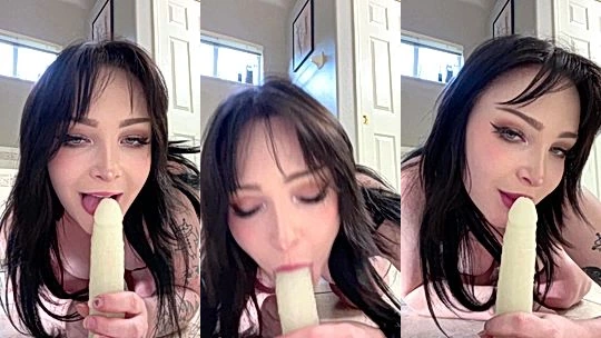 Sneesnaw deepthroating a big white dildo close-up
