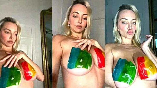Lindsey Pelas teasing her naked big tits with body paint