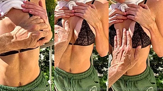 Gabby Epstein teasing her sexy perky tits on the sunny balcony