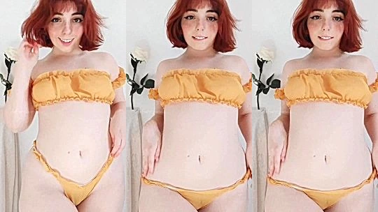 Defiantpanda playing with her perky tits in orange lingerie