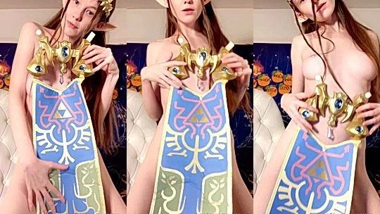white chick Emily Bloom showing off her new cosplay outfit naked
